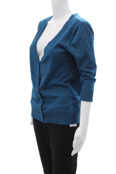14th & Union Women Cardigan Blue V-Neck 3/4 Sleeve Rayon/Nylon Size L