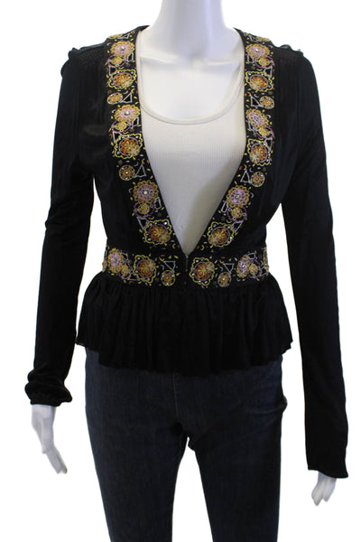 La Rok Women Black Floral V-Neck Bohemian Long Sleeve Blouse Size S