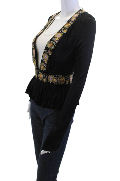 La Rok Women Black Floral V-Neck Bohemian Long Sleeve Blouse Size S
