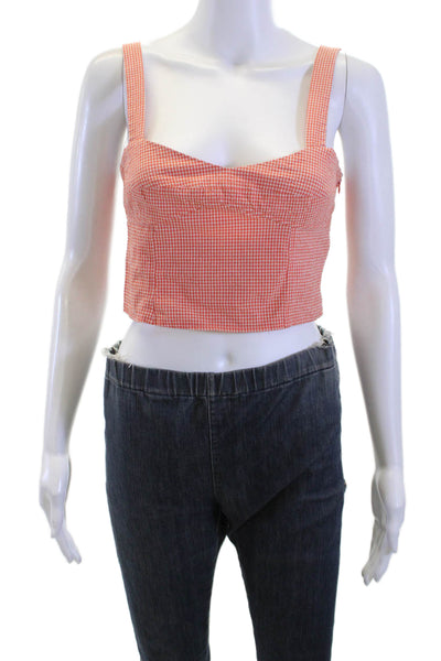 Zara Women Cropped Sleeveless Tank Orange Check Square-Neck Zip Size S