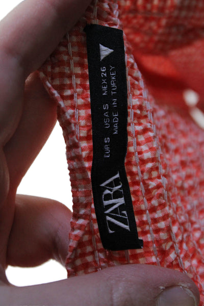 Zara Women Cropped Sleeveless Tank Orange Check Square-Neck Zip Size S