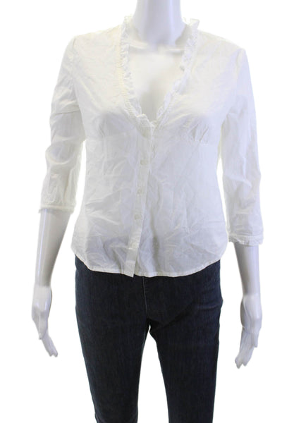 Brandy Melville Women White Cotton V-Neck 3/4 Sleeve Button-Up Blouse Size S