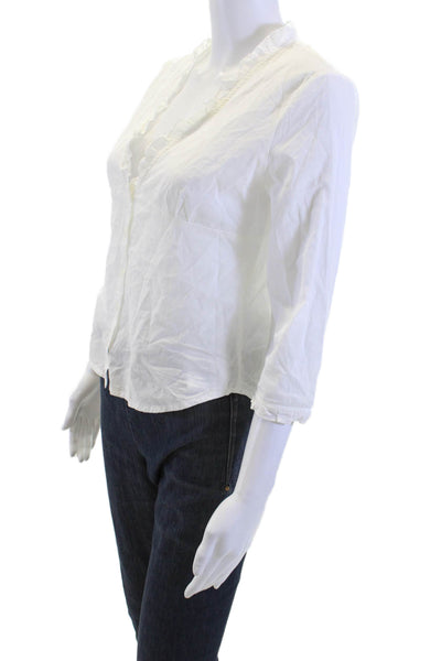 Brandy Melville Women White Cotton V-Neck 3/4 Sleeve Button-Up Blouse Size S