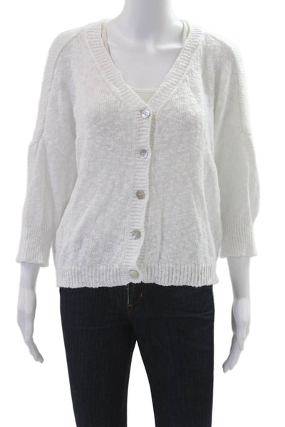 Cotelac Women Cardigan V-Neck 3/4 Sleeve Cotton-Linen White Button Size 3