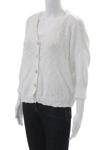 Cotelac Women Cardigan V-Neck 3/4 Sleeve Cotton-Linen White Button Size 3