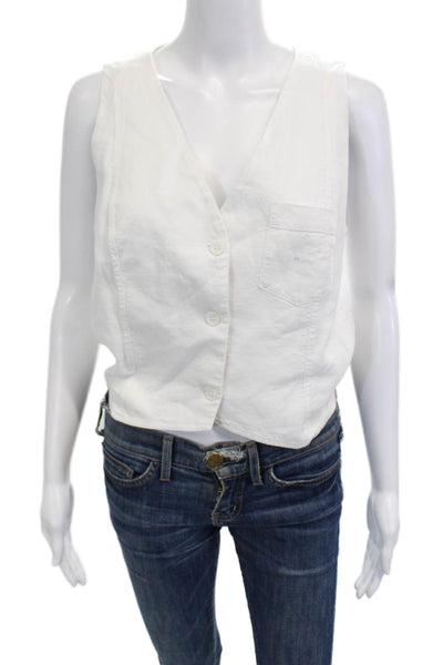 Stateside Womens Cropped V-Neck Button-Up White Linen Sleeveless Top Size S