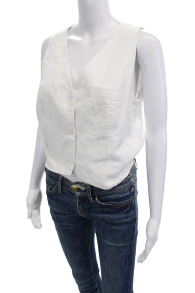 Stateside Womens Cropped V-Neck Button-Up White Linen Sleeveless Top Size S