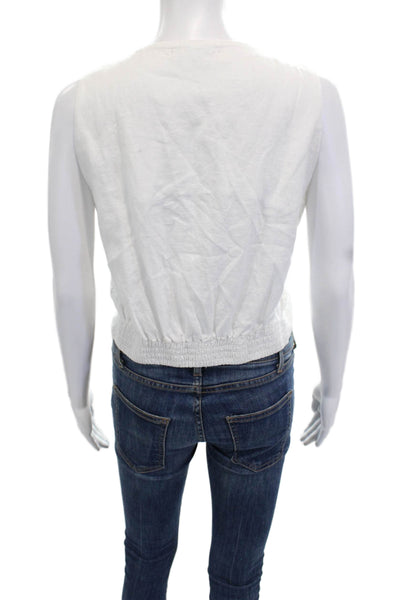 Stateside Womens Cropped V-Neck Button-Up White Linen Sleeveless Top Size S