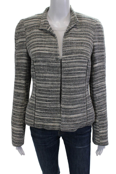 Akris Women Black Silk Striped Collared Blazer Zip Closure Size 10
