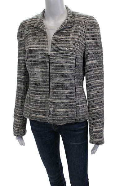 Akris Women Black Silk Striped Collared Blazer Zip Closure Size 10
