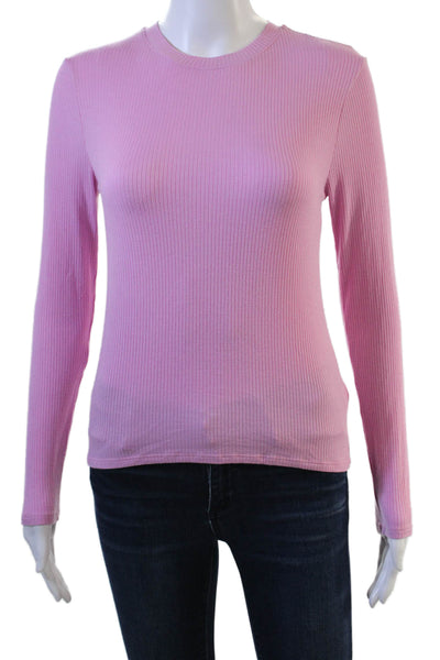 Kirna Zabete Women Striped Long Sleeve Basic T-Shirt Pink Rayon Size S