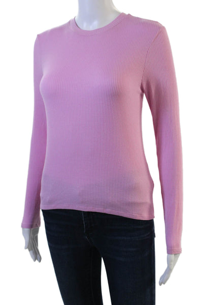 Kirna Zabete Women Striped Long Sleeve Basic T-Shirt Pink Rayon Size S