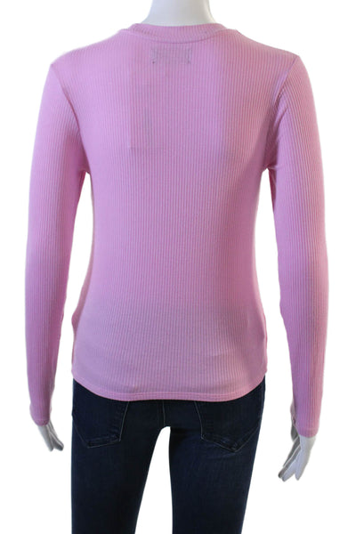 Kirna Zabete Women Striped Long Sleeve Basic T-Shirt Pink Rayon Size S