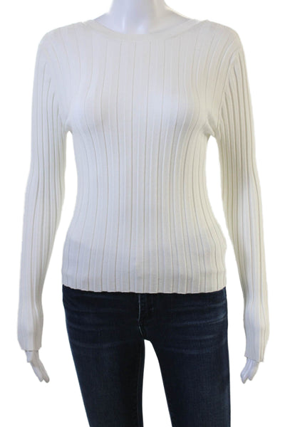 ITMFL Women Pullover Sweater Striped Round Neck Long Sleeve White Size M