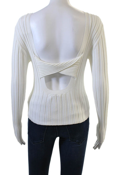 ITMFL Women Pullover Sweater Striped Round Neck Long Sleeve White Size M