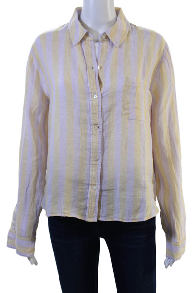 Lilly Pulitzer Womens Beige Striped Linen Button-Up Long Sleeve Top Size M