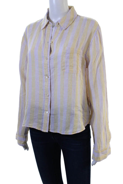 Lilly Pulitzer Womens Beige Striped Linen Button-Up Long Sleeve Top Size M