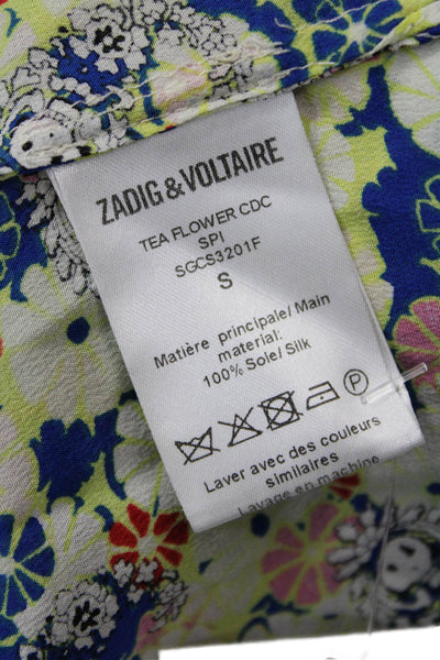 Zadig & Voltaire Women Blue Silk Floral Blouse Long Sleeve Drawstring Size S