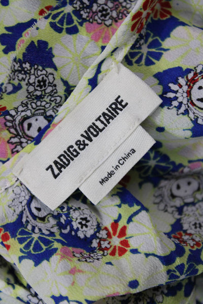 Zadig & Voltaire Women Blue Silk Floral Blouse Long Sleeve Drawstring Size S