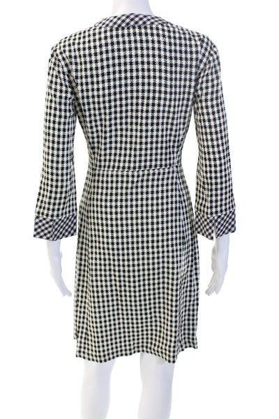 Altuzarra Women Black Checked V-Neck Shirt Dress 3/4 Sleeve Polyester Size M