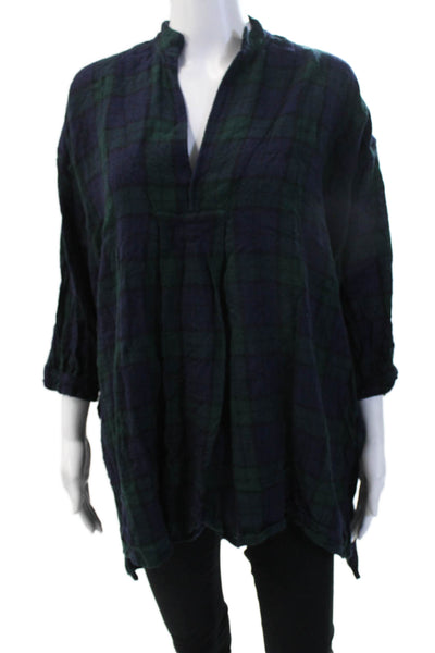 Daniela Gregis Women Tunic Dark Blue Plaid 3/4 Sleeve 100% Lana Bohemian Size 2