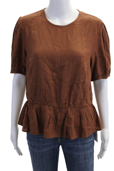 Asos Women Brown Boho Round Neck Short Sleeve Button Blouse Size 12