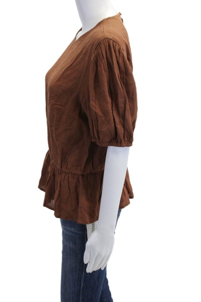 Asos Women Brown Boho Round Neck Short Sleeve Button Blouse Size 12