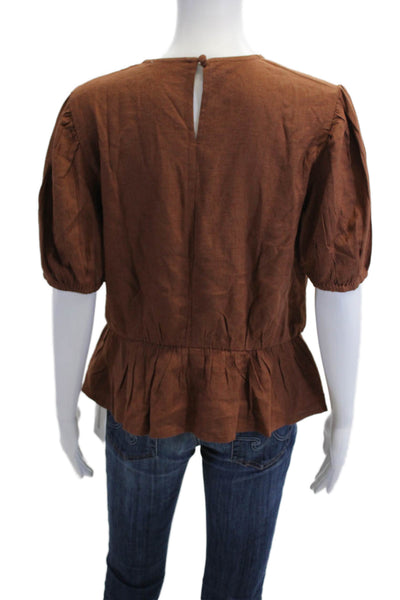 Asos Women Brown Boho Round Neck Short Sleeve Button Blouse Size 12