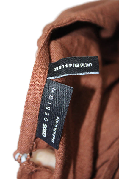 Asos Women Brown Boho Round Neck Short Sleeve Button Blouse Size 12