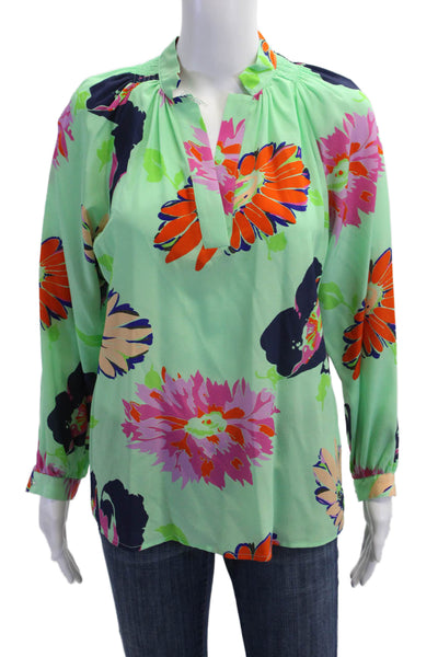 Tucker Womens Tunic Blouse Green Silk Floral Long Sleeve Size S