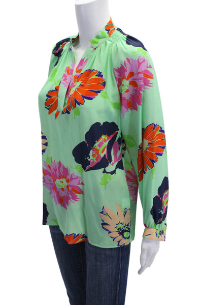 Tucker Womens Tunic Blouse Green Silk Floral Long Sleeve Size S
