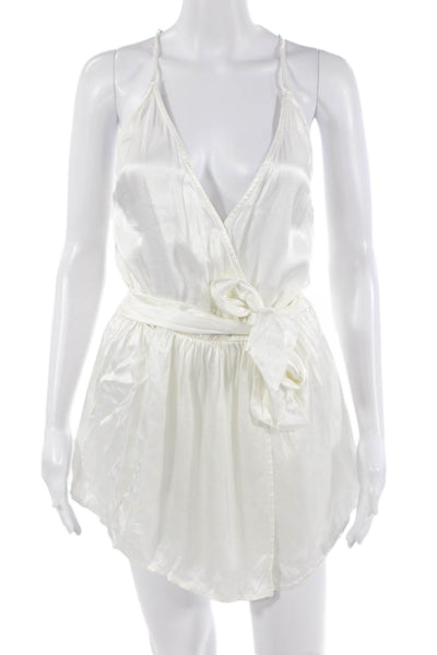 Designer Womens White V-Neck Sleeveless Romper 100% Viscose Size S