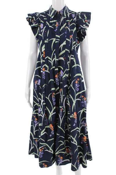 Maeve Anthropologie Women Dark Blue Floral Collared Shirt Dress Midi Size 2XS