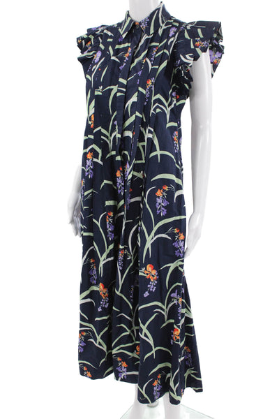 Maeve Anthropologie Women Dark Blue Floral Collared Shirt Dress Midi Size 2XS