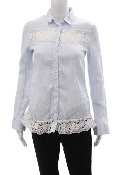 Wallmann Women Striped Collared Button-Up Shirt Light Blue Long Sleeve Size S