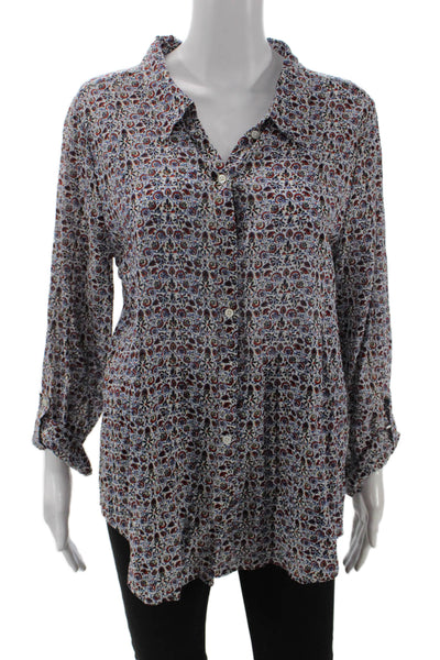 Joie Women Paisley Collared Cotton Button-Up Tunic Long Sleeve Blue Size L