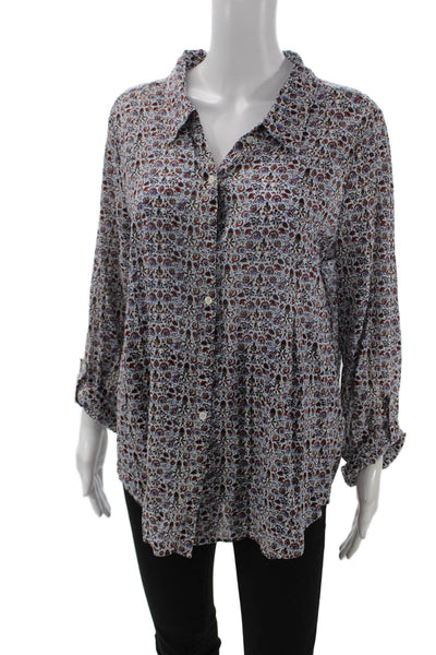 Joie Women Paisley Collared Cotton Button-Up Tunic Long Sleeve Blue Size L