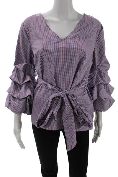 Sunday In Brooklyn Women Blue Checked V-Neck Tie Blouse Long Sleeve Size M