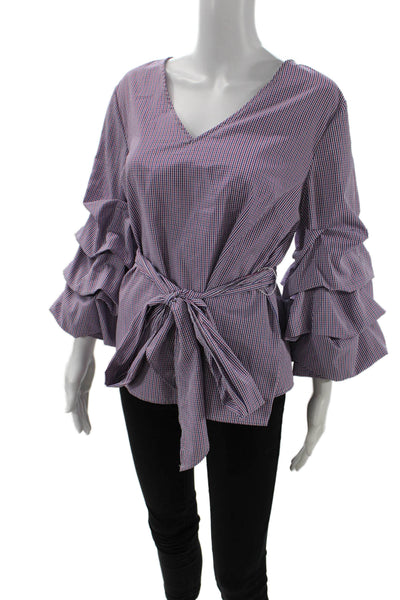 Sunday In Brooklyn Women Blue Checked V-Neck Tie Blouse Long Sleeve Size M