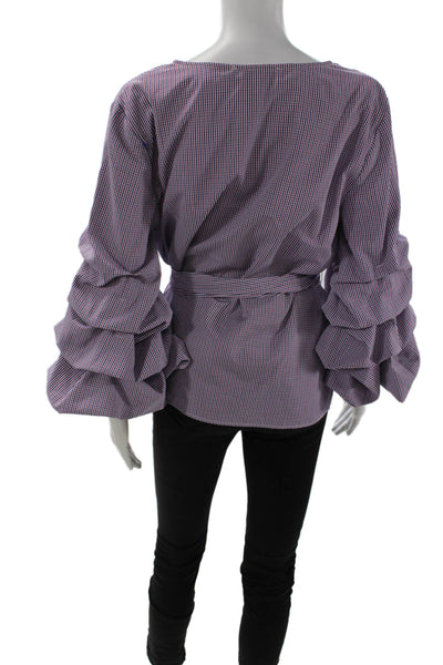 Sunday In Brooklyn Women Blue Checked V-Neck Tie Blouse Long Sleeve Size M