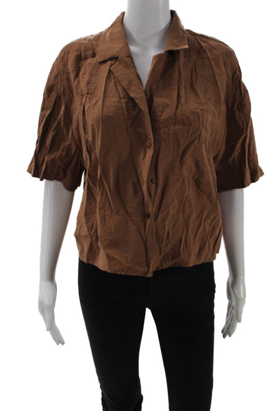 Zara Women Button-Up Collared Short Sleeve Brown Blouse Size M