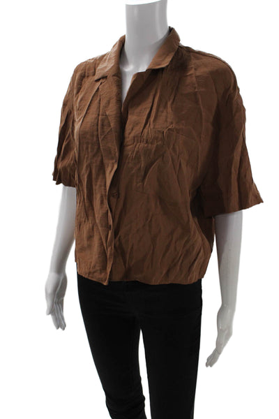 Zara Women Button-Up Collared Short Sleeve Brown Blouse Size M
