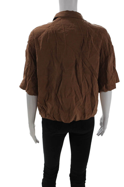 Zara Women Button-Up Collared Short Sleeve Brown Blouse Size M