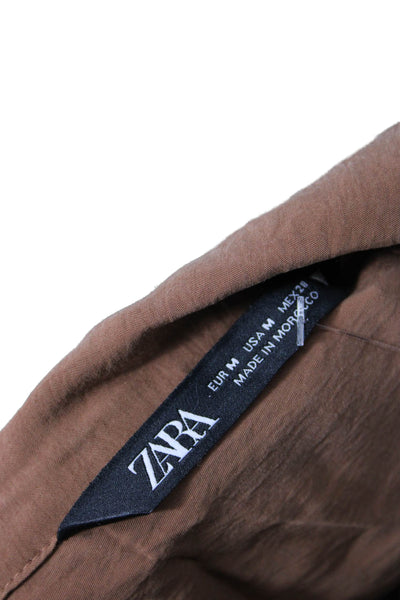 Zara Women Button-Up Collared Short Sleeve Brown Blouse Size M