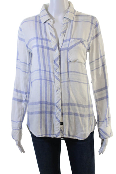 Rails Women White Plaid Collared Long Sleeve Button-Up Rayon Top Size XS