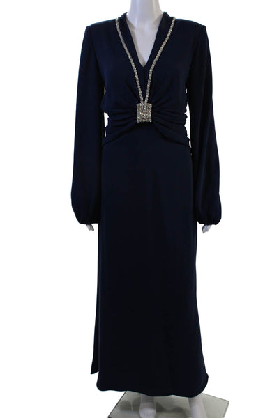 Reem Acra, Women Dark Blue V-Neck Long Sleeve Maxi Dress Size 6