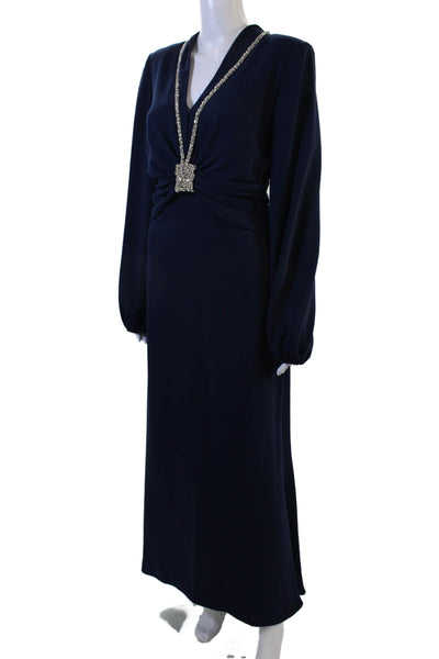 Reem Acra, Women Dark Blue V-Neck Long Sleeve Maxi Dress Size 6