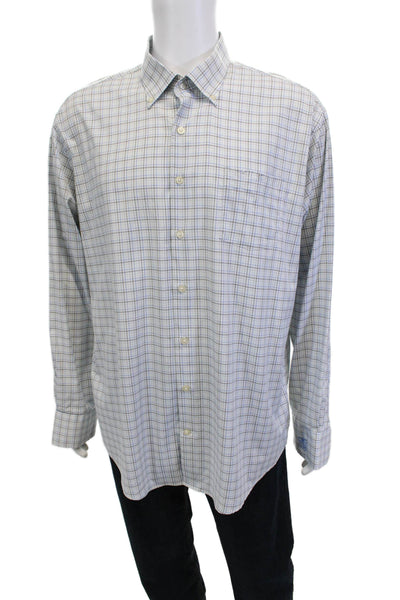 Peter Millar Mens Grid Pattern Long Sleeve Button-Front Shirt White Size XL