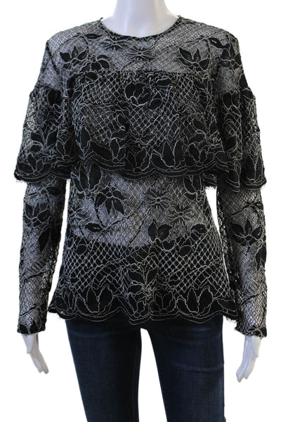 Zara Womens Floral Black Long Sleeve Round Neck Blouse Size L