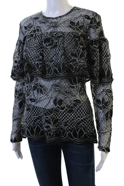 Zara Womens Floral Black Long Sleeve Round Neck Blouse Size L